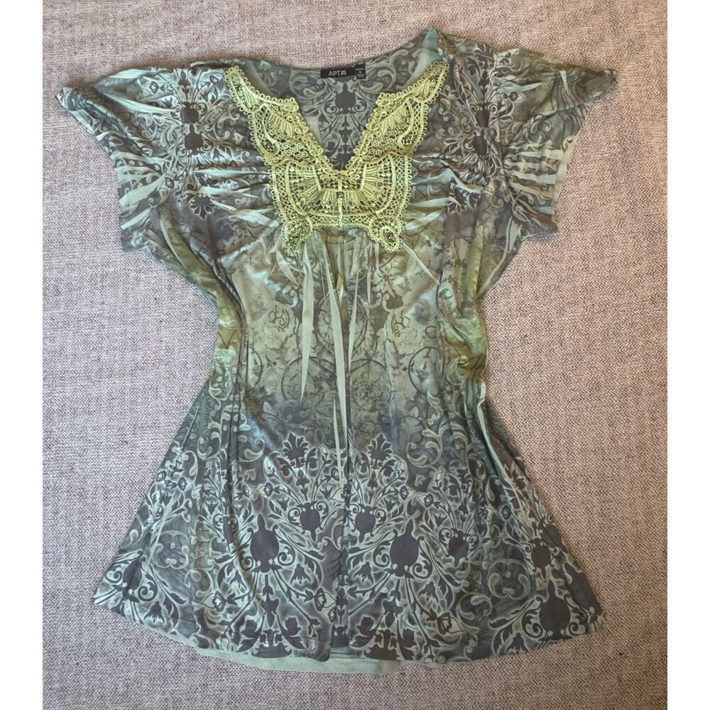 Green Paisley Flower Butterfly Top Boho Fairy  Y2K Studded Lace Size 1X